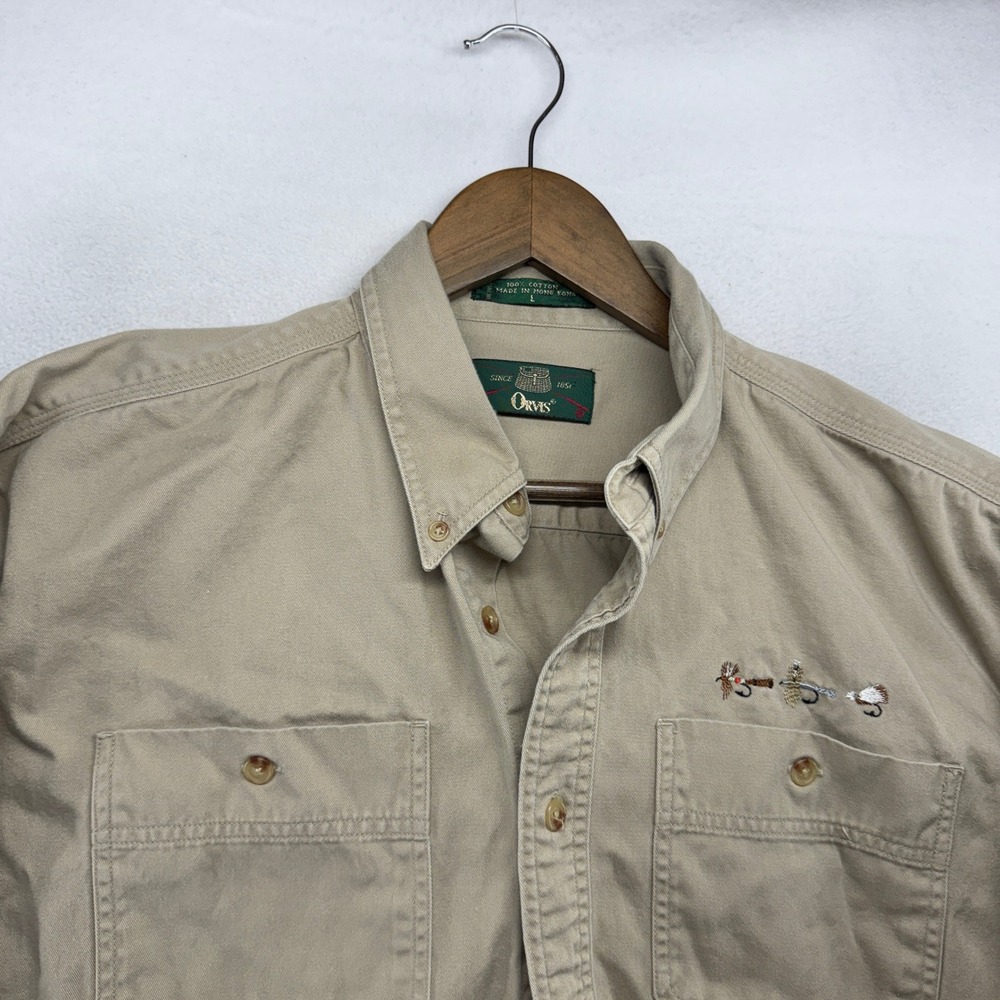 Vintage Orvis shirt Men's Large Beige Safari Fishing Canvas Outdoor Thick Y2k
